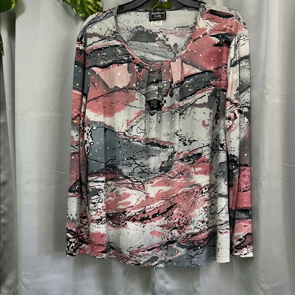Southern Lady Pink and Gray Abstract Long Sleeve Top XL